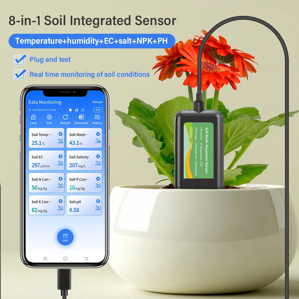 Soil Multi-Parameter Sensor RS485 8-in-1 pH EC Moisture Temperature Salinity NPK
