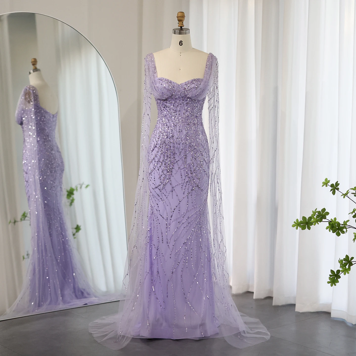 

Jancember Lilac Mermaid Luxury Dubai Evening Dresses with Cape Sleeves Elegant Arabic Women Wedding Formal Party Gowns SCZ211