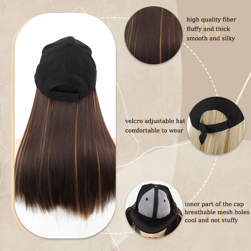 18inch Synthetic Hat Wig Women Wigs Hair Extensions Blonde Brown Straight Hair with Black Hat Hairpiece for Women Daily Use