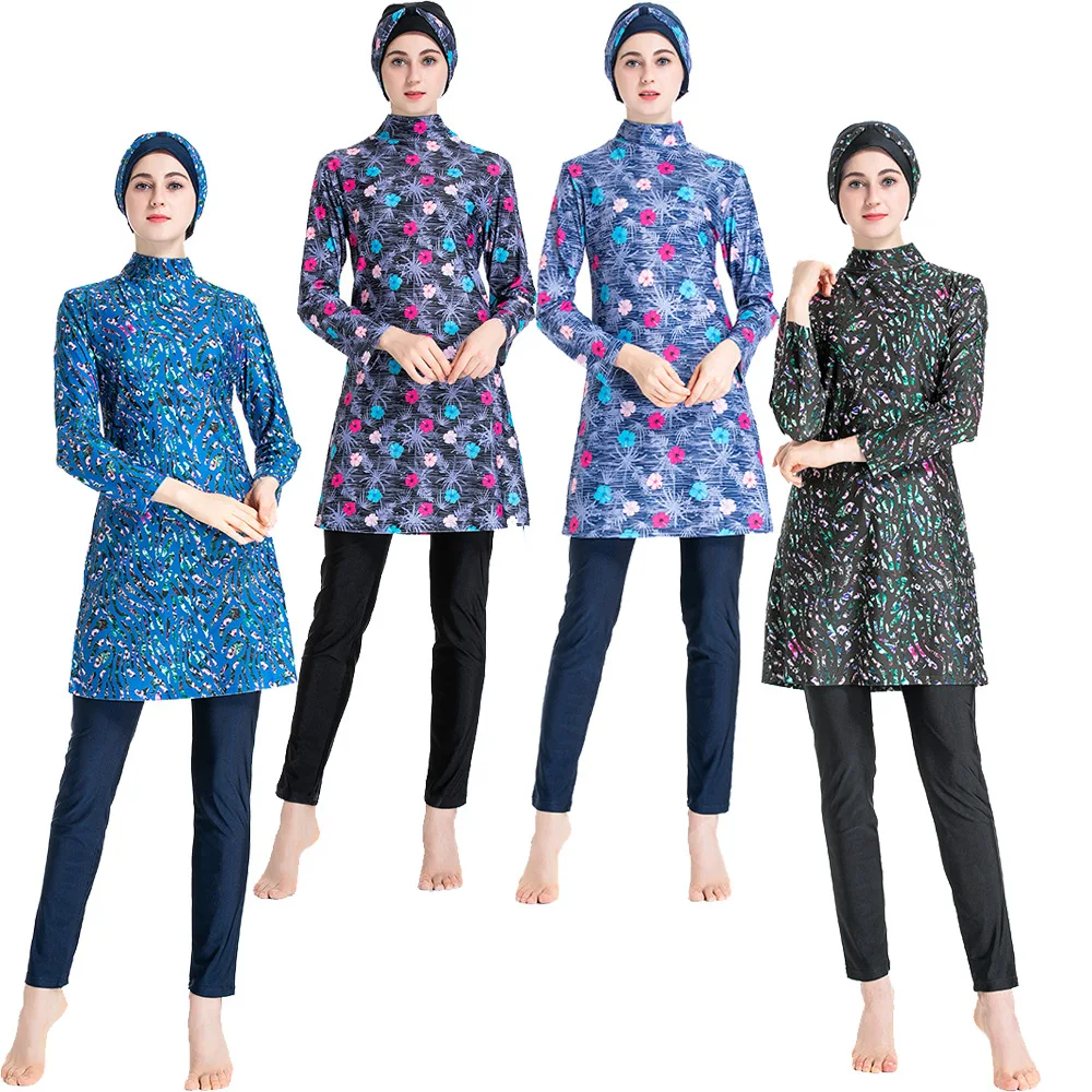 

S-4XL Muslim Conservative Hui Swimsuit Digital Print Three-Piece Swimwear L056 burkini pour femme voilé