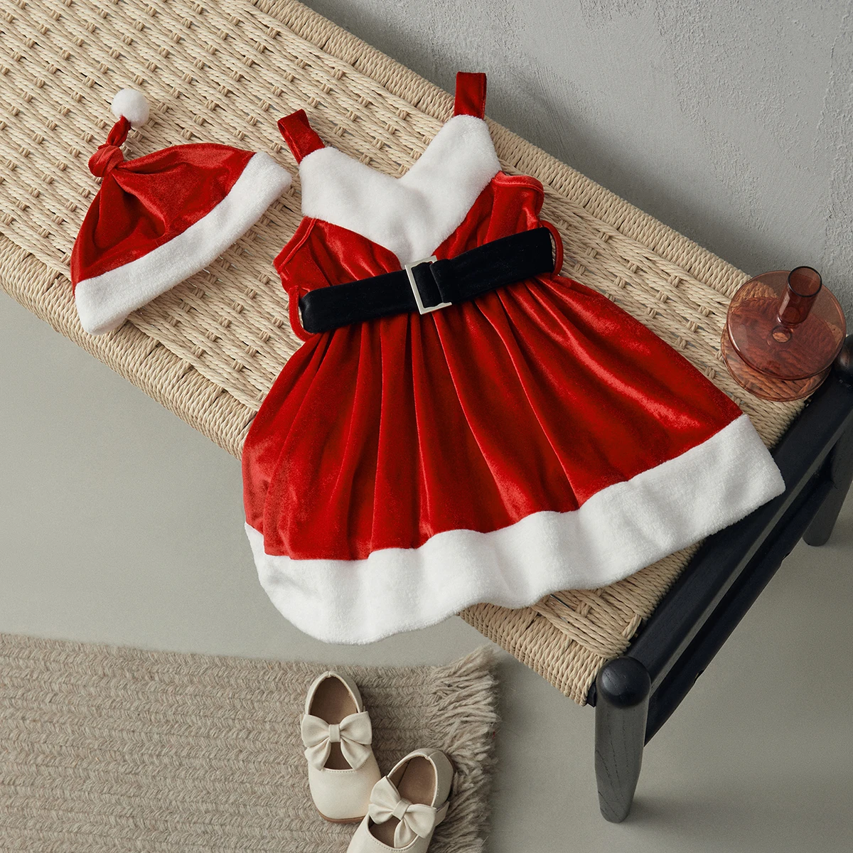 

BeQeuewll Toddler Girls 2 Piece Outfits For Fall Contrast Color Christmas Velvet Dress and Santa Hat for Party Cute Clothes