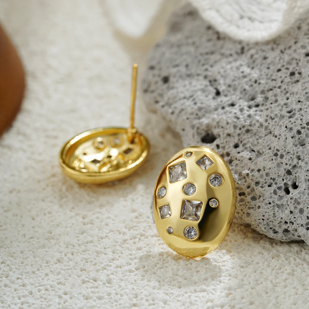 Vintage Stainless Steel Oval Stud Earrings Inlaid Geometric Sparkling Zircon Ear Studs Waterproof 18K Gold Plated Trend Jewelry