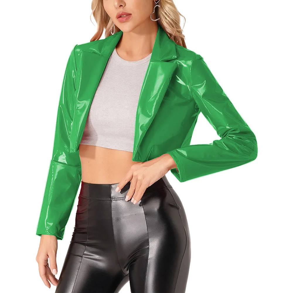Club Party Wet Vinyl Leather Lapel Collar Jackets Sexy Lady