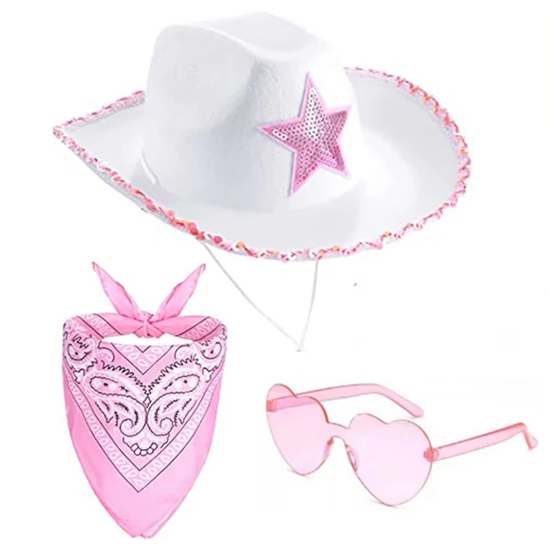 

Felt Cowboy Hat Western Wide Brim Hat Women Handkerchief Sunglasses Cosplay Party Hat Costume Fedora Caps Head Accessory