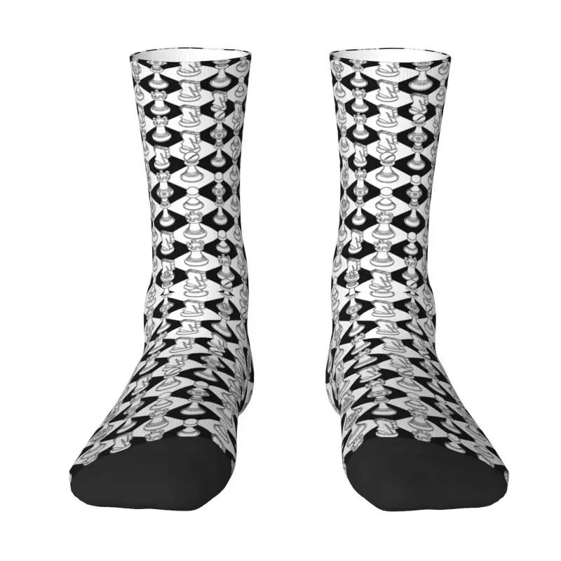 

Funny Mens Isometric Chess White Dress Socks Unisex Breathbale Warm 3D Printing Checkmate Game Crew Socks