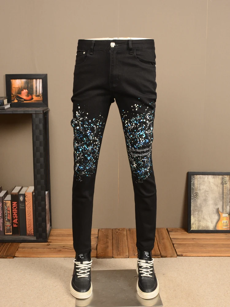 Autumn Black Jeans Men Dots Printed Slim Fit Pencil Pants Streetwear Casual Ripped Patch Denim Trousers