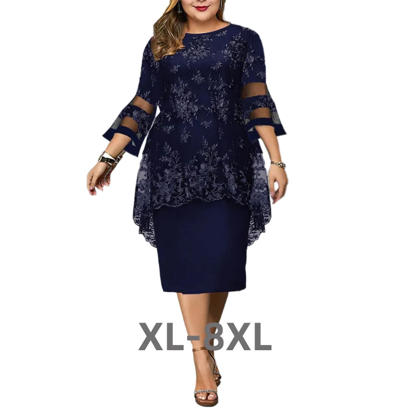 

Plus Size Womens Curve Party Dress Lace Floral Crew Neck Print 3/4 Length Flared Sleeve Elegant Formal Midi 3xl 4xl 5xl 6xl