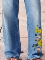 Plus Size High-Waisted Straight-Leg Jeans for Women, Vintage Embroidered Yellow Casual Fashion Plus Size Women's Denim Trousers - Image 5