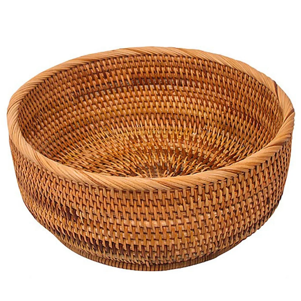 

Natural Rattan Round Fruit Basket Wicker Tabletop Bread Serving Tray Weaving Food Storage Bowls(Large,