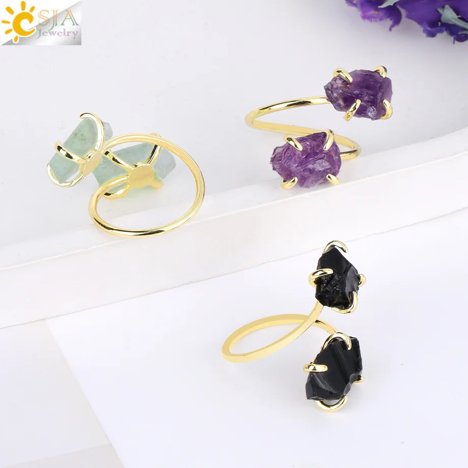 CSJA Irregular Crystal Open Ring Healing Natural Amethysts Citrine Double Gems Stone Claw Finger Rings Jewelry Accessories H584 4