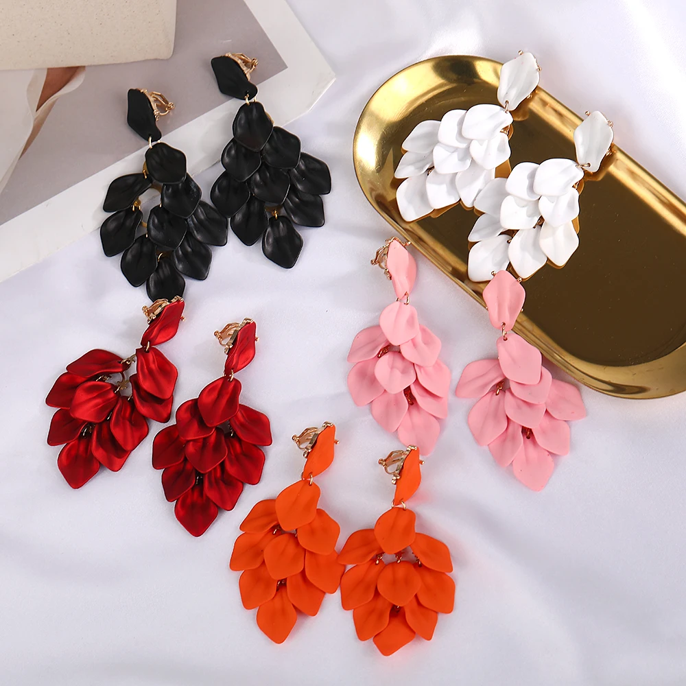 Petal Tassel Clip Earrings For Women
