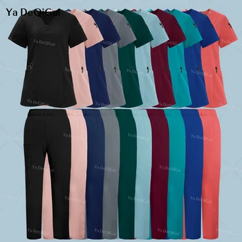 Uniformi cliniche in tessuto premium antirughe Uniformi da infermiera lavabili Scrub medico Set Camicetta chirurgica Tasche Pantaloni dritti