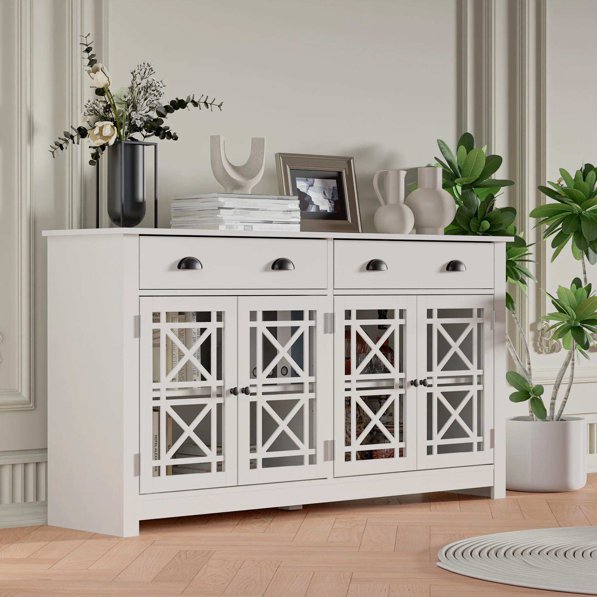 Modern Buffet Cabinet with Drawers, Wood Sideboard Buffet Cabinet with 4 Acrylic Glass Doors, Freestanding Bar