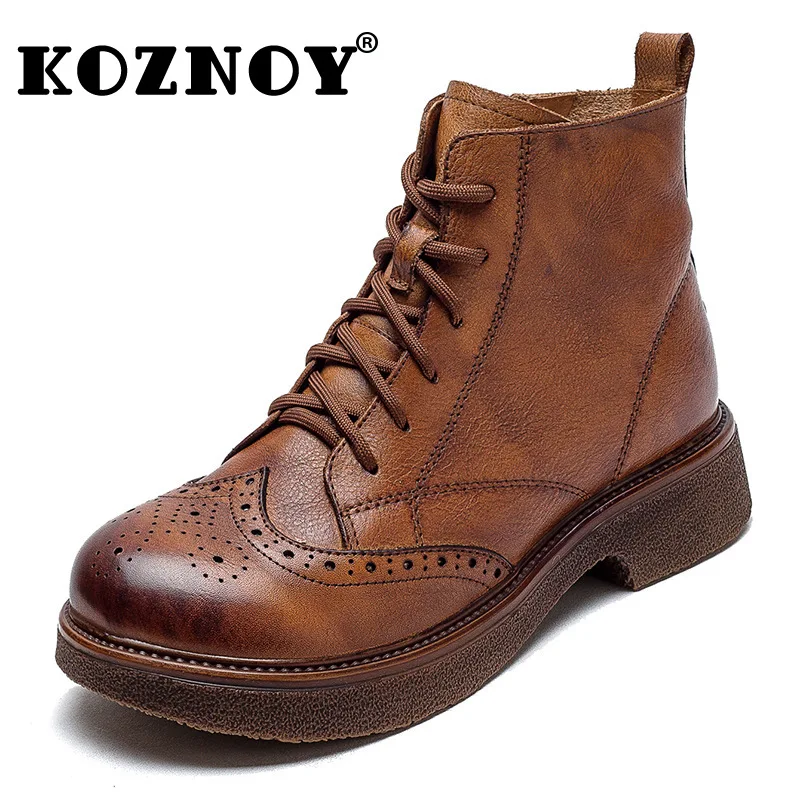 

Koznoy 3.5cm British Genuine Leather Autumn Women Platform Wedge ZIP Spring Motrocycle High Boots Moccasins Ankle Booties Shoes