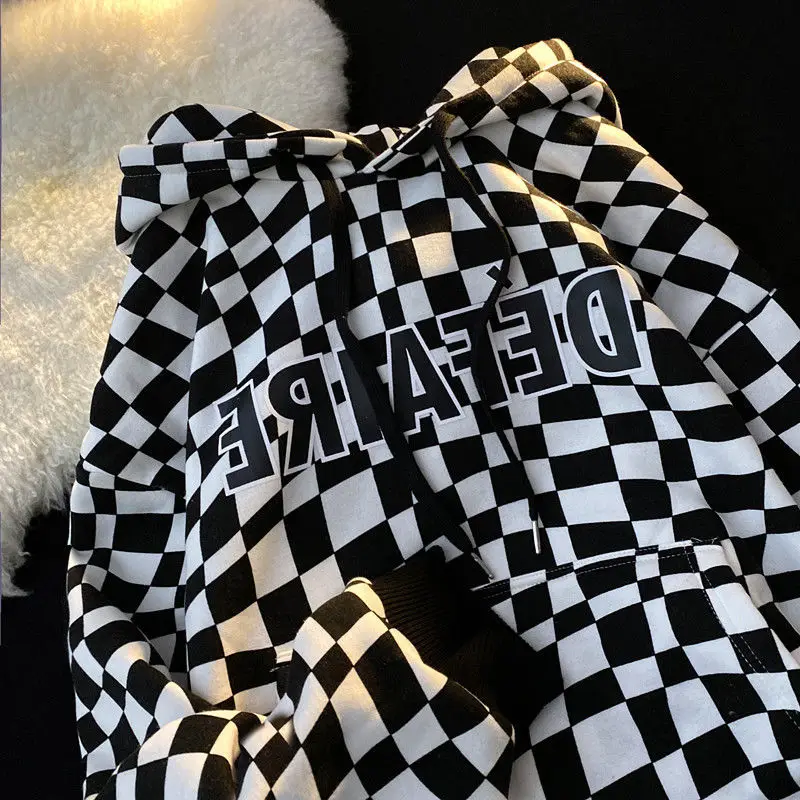 

Women Vintage Plaid Print Sweatshirt Women Hip Hop Long Sleeve Pocket Autumn Winter Streetwear Coat Y2K Aesthetic Loose Hoodies