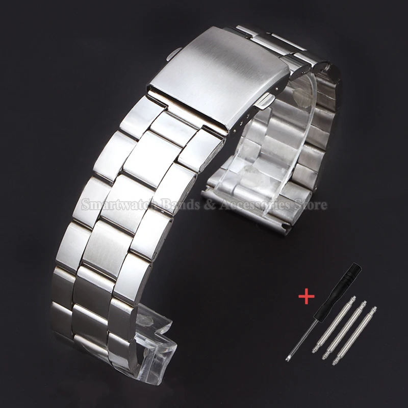 Universal Stainless Steel Watch Strap with Metal Folding Buckle - Silver Finish