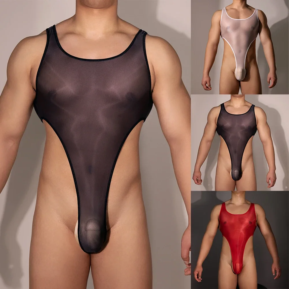 Men's Oil Shiny Glossy High Cut Bodysuit Stretchy Backless Mesh See Through Leotard Playsuits Man Sheer Rompers Erotic Lingerie