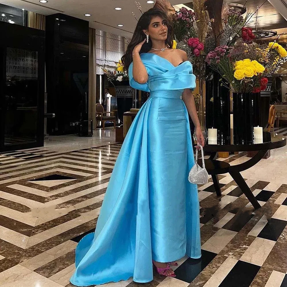 

Elegant Evening Dress Classic Blue Off the Shoulder Pleats V-Neck Floor Length Satin Prom Gowns Dubai Formal Vestidos De Fiesta