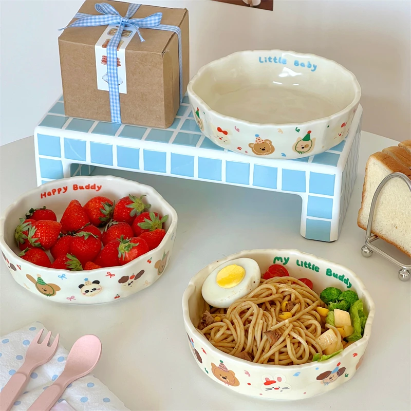 Cute Handheld Ceramic Pasta Breakfast Plates Korean Style Restaurant High Quality Tableware Cartoon Pattern Bread Salad Plates