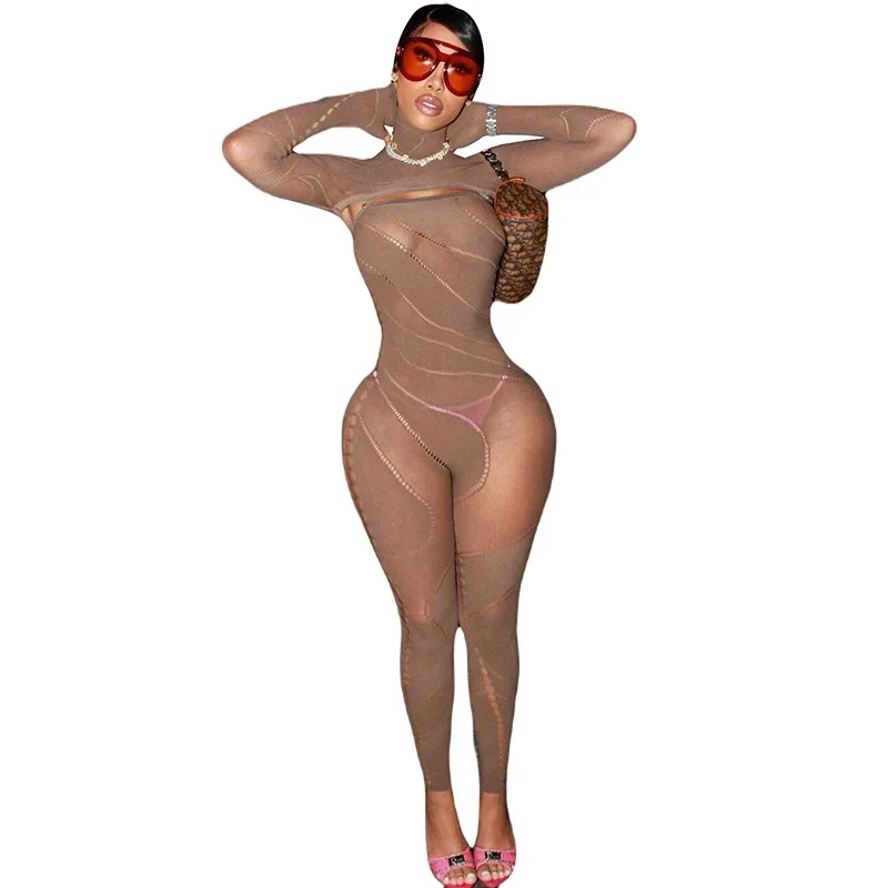 Cut Out Hooded One Piece Jumpsuits For Women 2023 Elegant Sexy See Through Skinny Knitted Ins Romper Pants Overalls