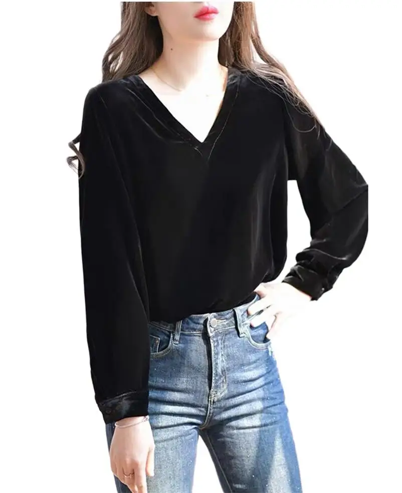 

Velvet T-Shirt Long sleeve Tees Women's Winter Autumn Basic T Shirt Stretchable Loose Base Top Simple V-Neck T-shirts 2023