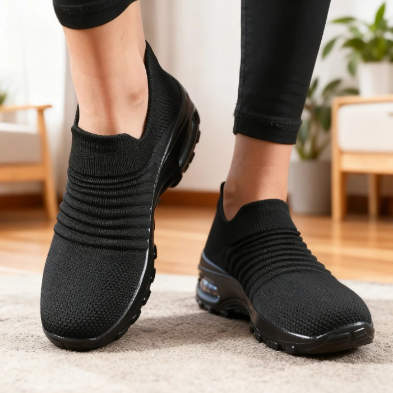 Fashion Women's Casual Sneakers Comfort Mesh Running Shoes Breathable Cushion Black Sneakers for Women Black Female Footwear