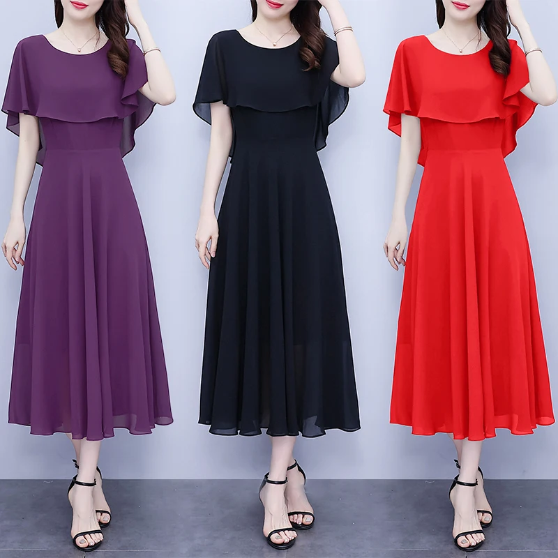 

Women'S Shawl Collar O-Neck Short Sleeve Chiffon Dress,Elegant Solid Oversize Female Dresses,Slim Big Swing,Summer,New,2024