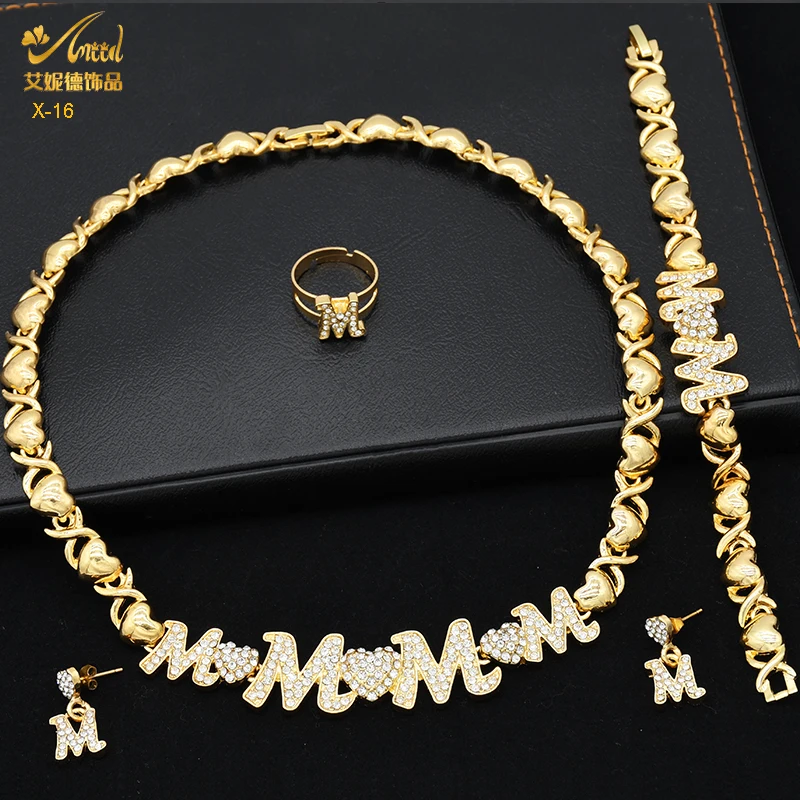 XUHUANG XOXO Women Necklace Set 18K Gold Color Bride M&M Crystal Wedding Necklace Earrings Bracelet Ring Jewelry Set Party Gift 3