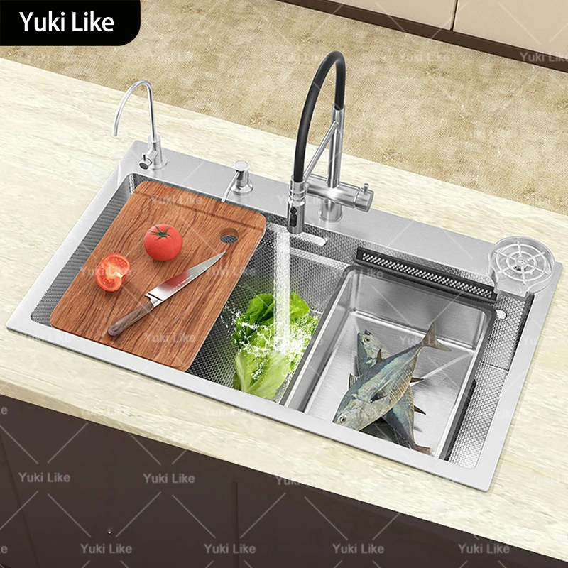 อ่างล้างจานสแตนเลส 304 แบบน้ำตก อเนกประสงค์ สีเงิน ทนรอยขีดข่วนและการสึกหรอ ขนาดใหญ่ แบบช่องเดียว ติดตั้งใต้เคาน์เตอร์ 1