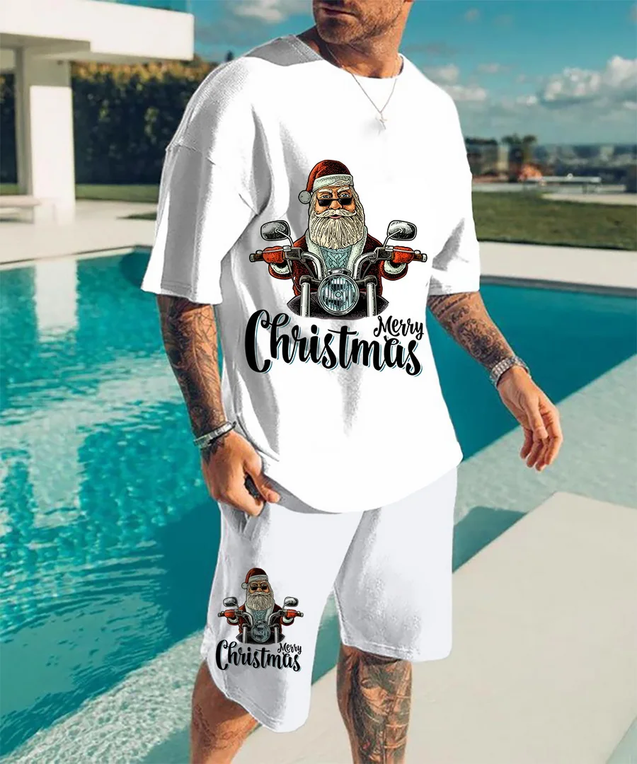 2022 New Summer Men's Suit Casual Beach Shorts Suit Santa Claus 3D Printing Short Suit Ordinary O-Neck T-Shirt 2 Piece Set