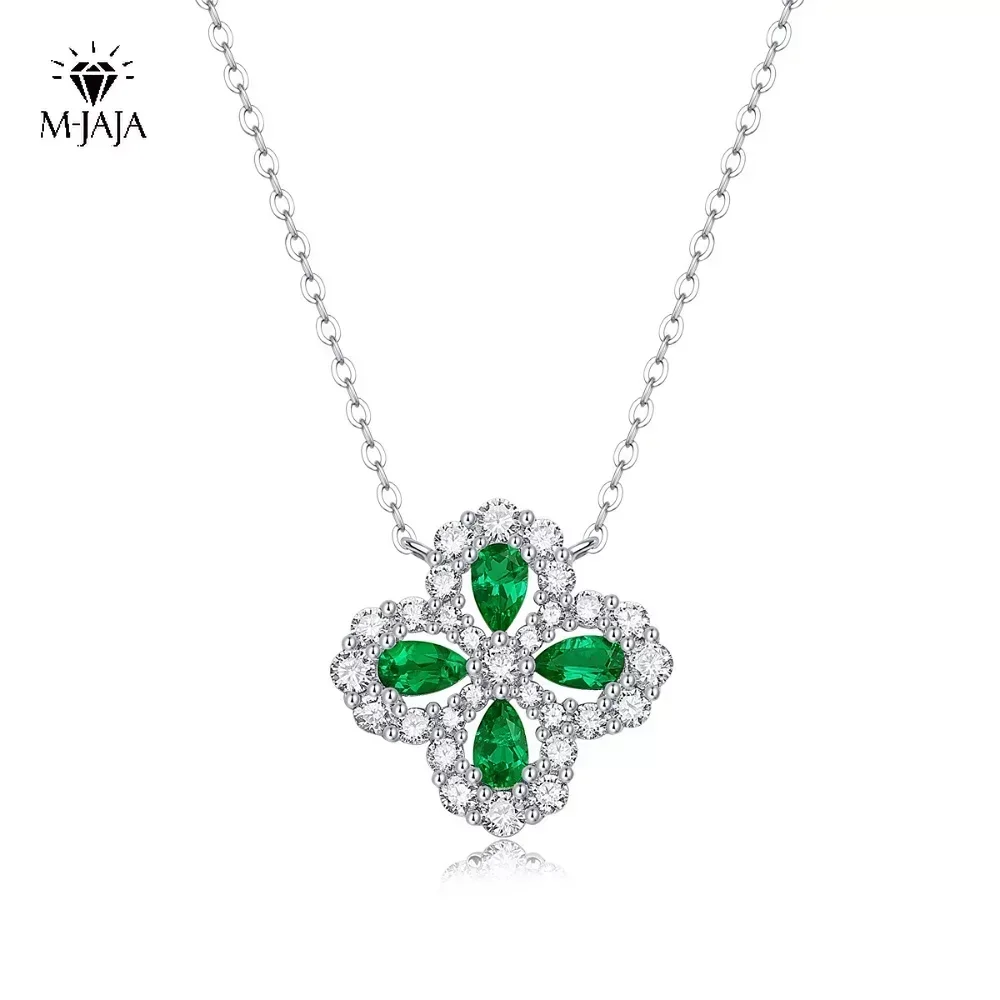 

M-JAJA Emerald Necklace Clover Flower Pendant Chain S925 Sterling Silver 18K White Gold Plated Fine Jewelry Women Birthday Gift