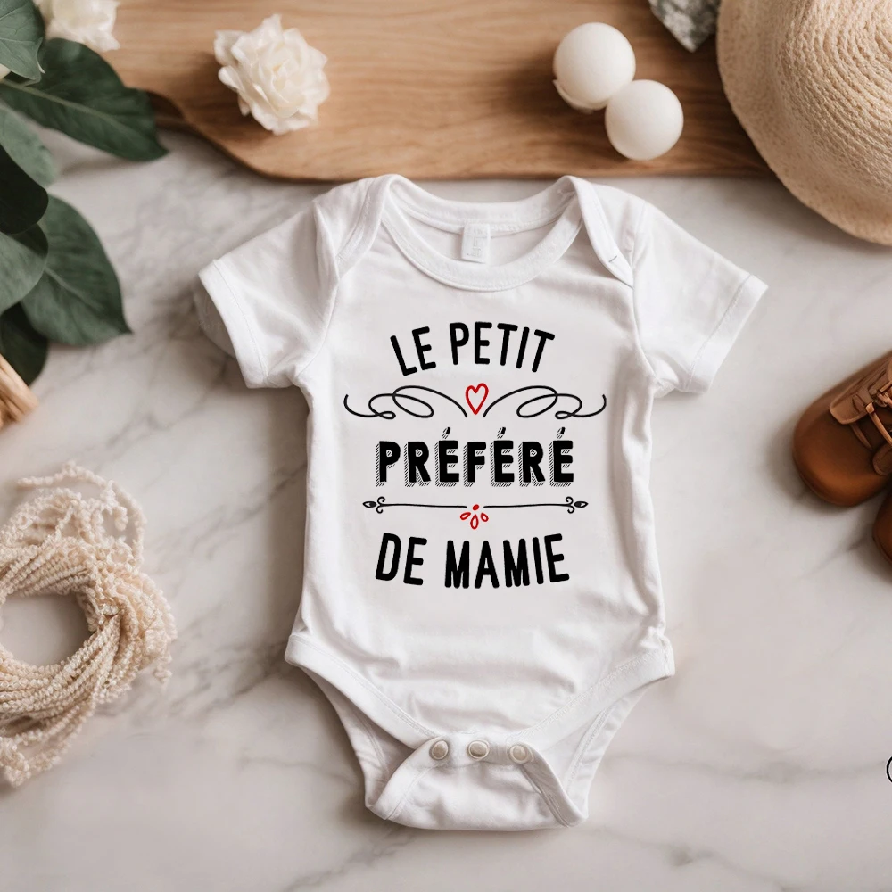 

Le Petit Prefere De Mamie Letter Print Baby Romper Casual Fashion Bodysuit Short Sleeve Girl Boy Jumpsuit Summer Infant Clothing