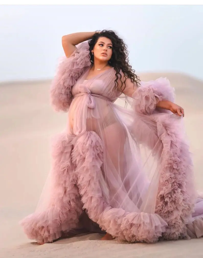 Flybridal Tulle Maternity Robe - Long Bridal Nightgown Bathrobe For Photoshoot | Pregnancy Photo Dress