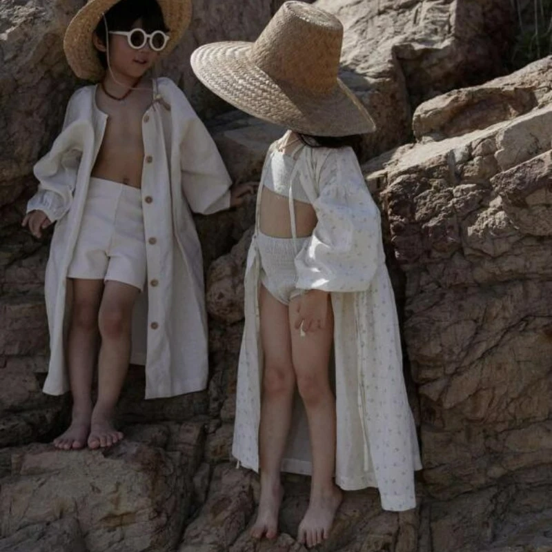 Summer Robes Girls Spring Floral Korean Lace-up Sun Protection Coat Long Cotton Comfort Puffy Sleeve Swim Beach Cover Robe