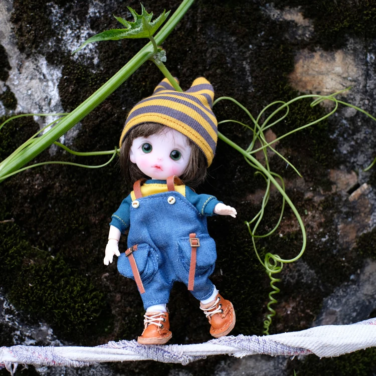 Ob11 Doll Checkered Loose Overalls Clothes Dolls Jeans Suit With Hat + T-Shirt Doll For Molly Gsc Ymy P9 P10 Body Uf Dolls 6