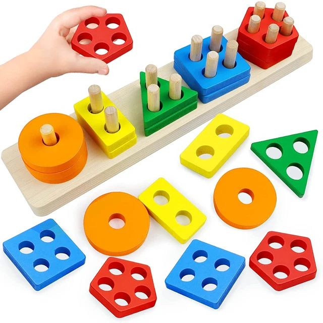 Children's Four-post Geometric Modeling Building Blocks MontessoriToys Macaron JigsawPuzzle Teaching Aids Children's Wooden Toys 1