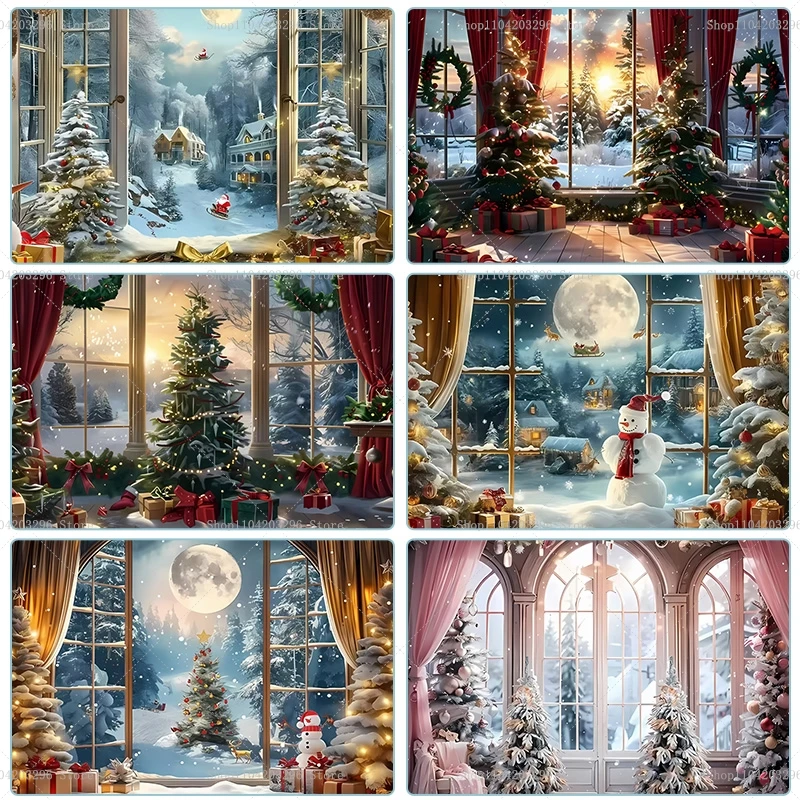 Christmas Photography Backdrop Xmas Tree Winter Window Fireplace Santa Claus Gifts Xmas Eve Family Party Decor Photo Background