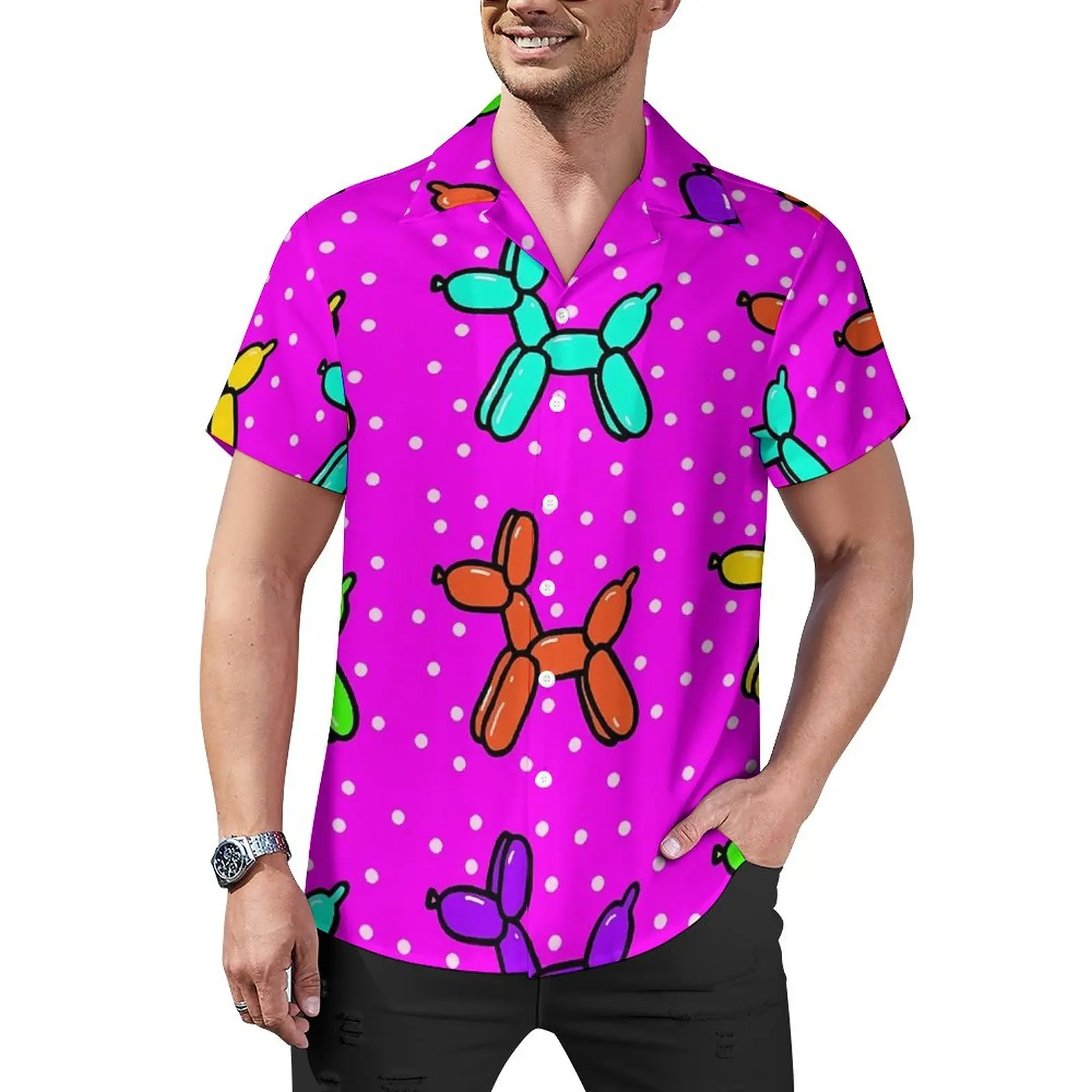 

Balloon Dogs Casual Shirt Polka Dot Print Beach Loose Shirt Hawaii Y2K Blouses Short Sleeve Design Oversized Clothes