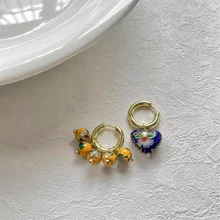  2022 French Retro Handmade Enamel Asymmetric Three-dimensional Heart Pearl Earrings Female Personality Creative Trend Jewelry 