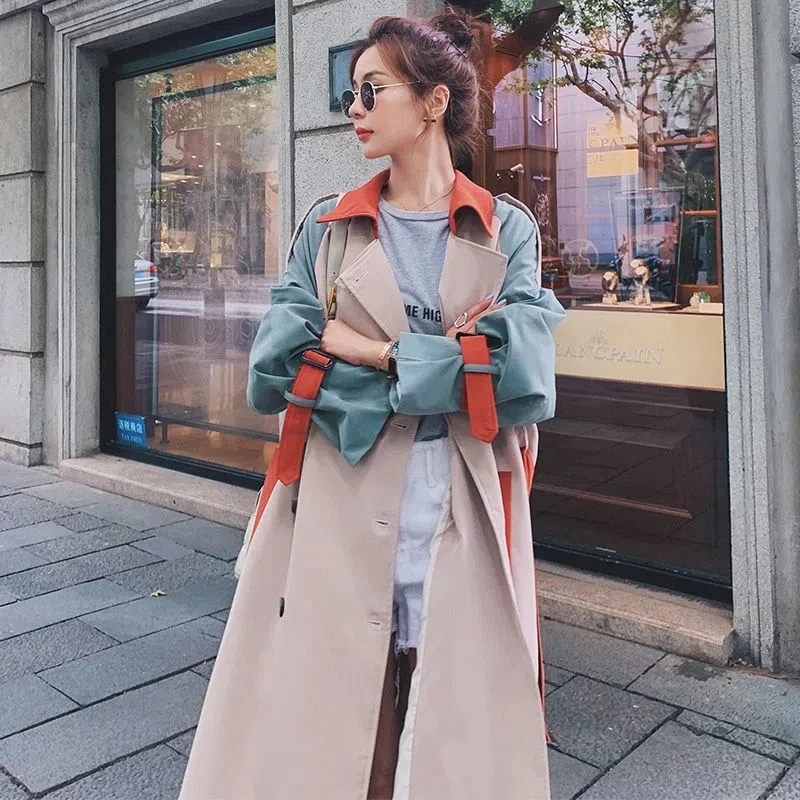 

high-quality Stitching Windbreaker Women 2023 New Spring And Autumn Sashes Jacket Women Korean Temperament Lining Coat Women 765