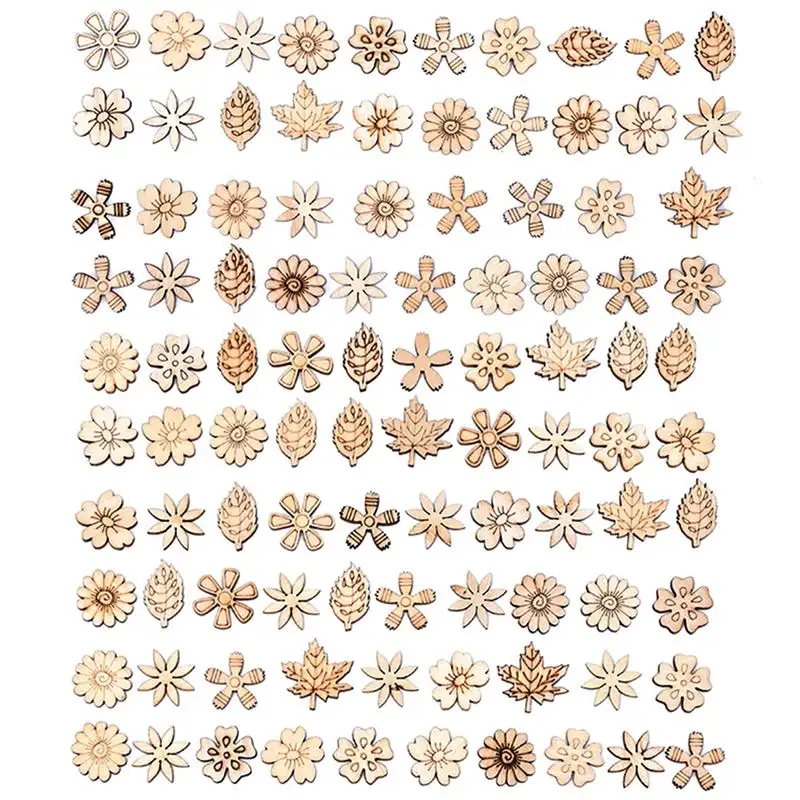 

100pcs Mini Mix Wooden Pieces Creative Flower Leaves Cutouts Slice For DIY Wooden Art Decoration Home Party Doodle Scrapbooking
