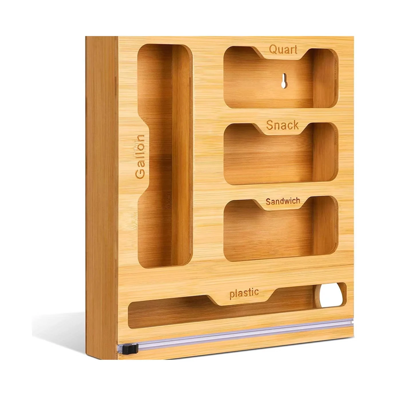 Bamboo Ziplock Food Bag Holder Compatible Wall Storage Racks Kitchen Storage Shelf Plastic Wrap Organizer Dispenser With Cutter 6
