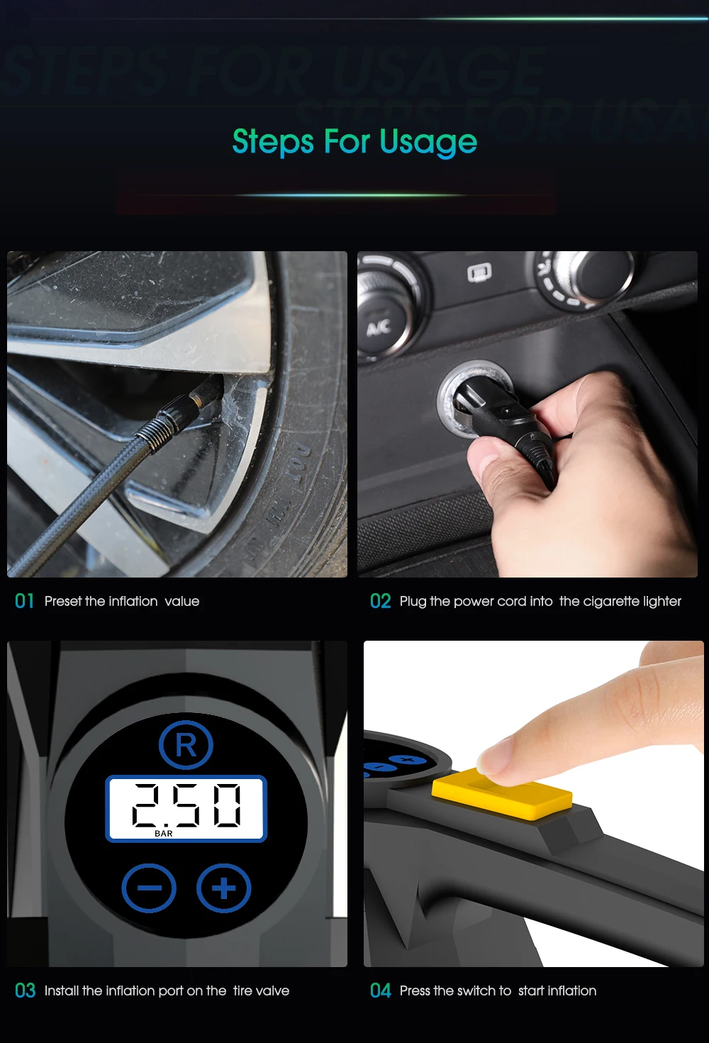 CARSUN kabelgebundene tragbare Auto-Luftpumpe, verbesserte 12 V 150 PSI elektrische Reifenfüllpumpe, Motorrad, Fahrrad, Ball, Auto-Luftkompressor – Detail 9