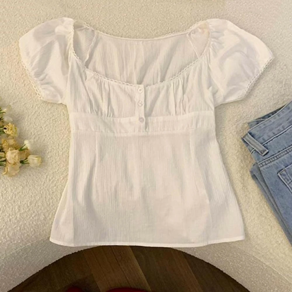 Description Picture 3 of itemShort Sleeved Female Low-necked Tops Shirt Commuting Bottoming Shirt Korean Ins Style White Short T-shirts Thin White