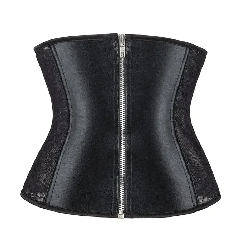 

Steampunk Fashion Underbust Corset Zipper Vintage Gothic Faux Leather Gauze Mesh Waist Cincher Bustiers Women's Lingerie Black