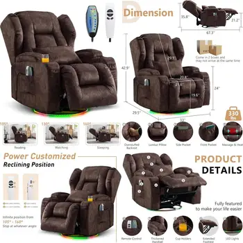 Massive Comfort Electric Recliner Sofa with Massage, Heat, and Wall-Hugging Design for Adults - Oversized Theater-Style Seating
