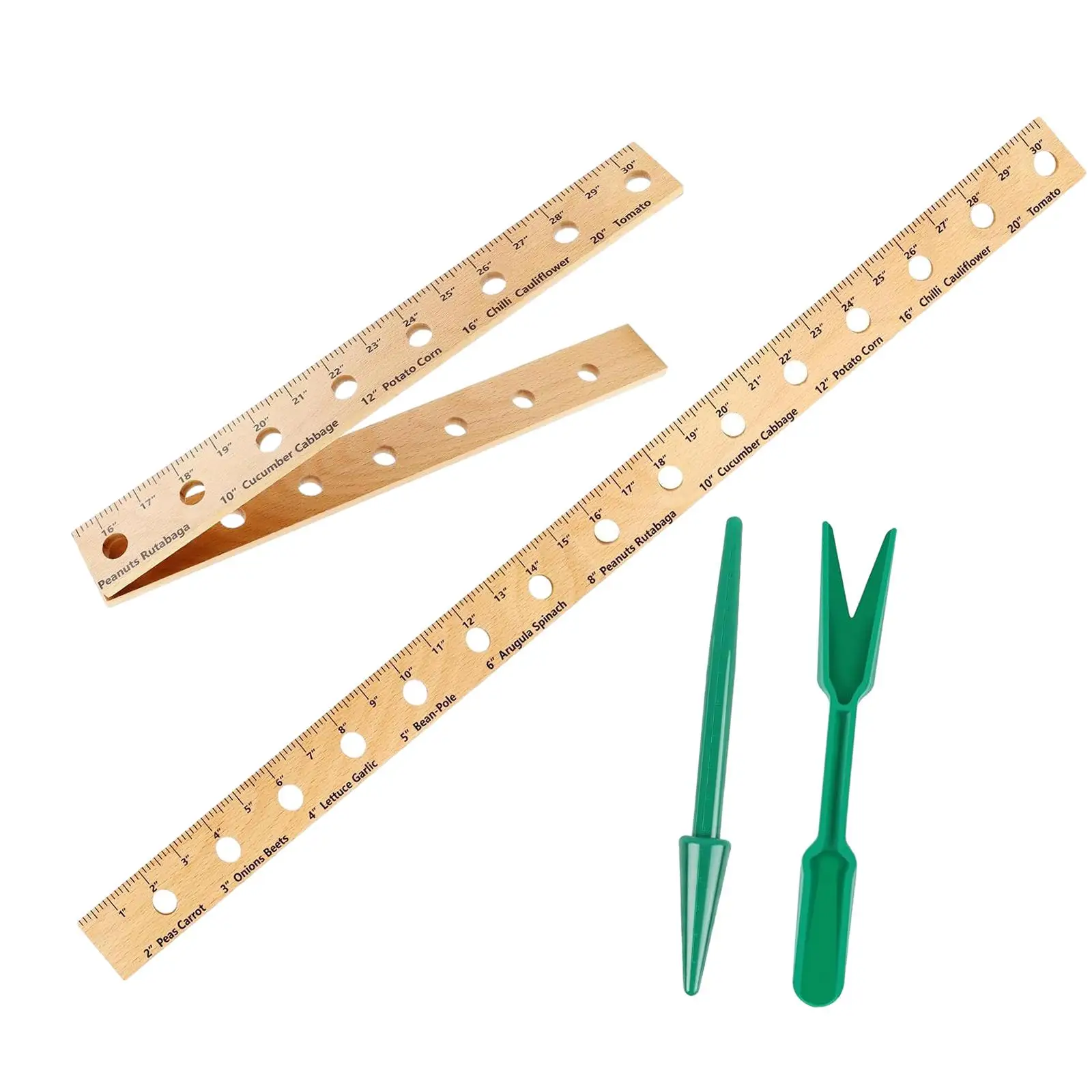 Wooden Planting Ruler with Hand Dibber Foldable with Transplanting Tongs Garden Spacer Tool for Vegetable Orchards Outdoor