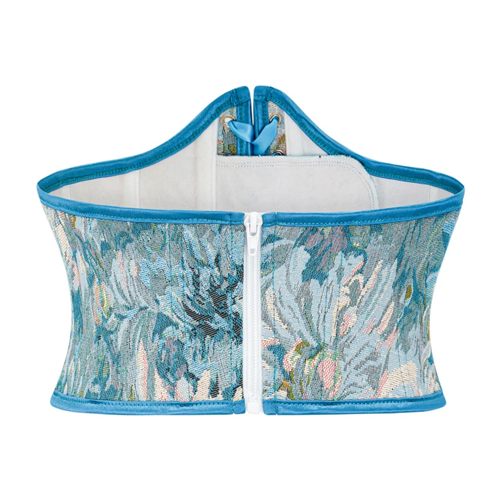 Blue Oil Painting Floral Printed Corset Gothic Vintage Underbust Bustiers Waist Cincher Belt Shaper Tummy Control Corselet