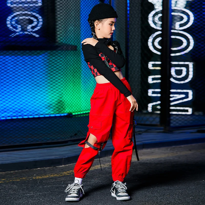 Hip Hop Dance Clothing For Girls Black Crop Tops Red Pants Street Dance Outfits Jazz Modern Stage Costumes DQS8761