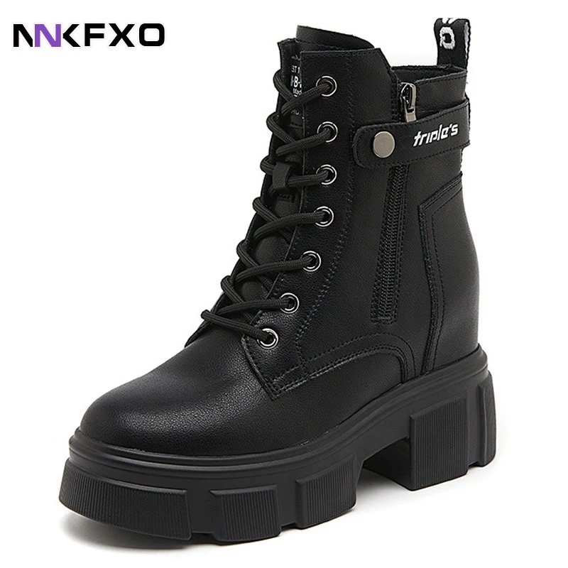 

Women Motorcycle Ankle Boots Wedges Female Lace Up Platforms Winter Black Leather Oxford Shoes Woman Botas Mujer Vc4671